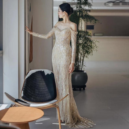 Long-Sleeve Off-Shoulder Sequin Mermaid Evening Gown