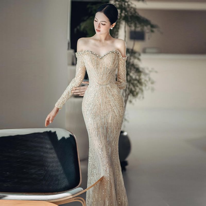 Long-Sleeve Gown Evening Mermaid Sequin Off-Shoulder