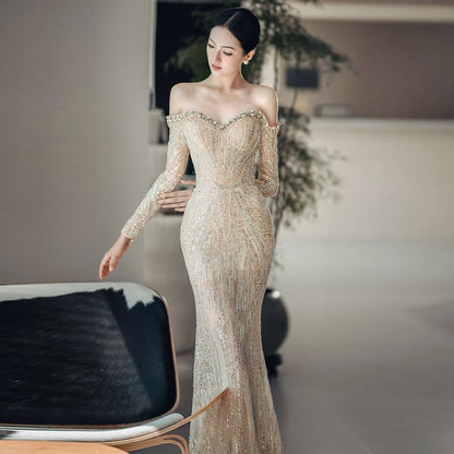 Long-Sleeve Gown Evening Mermaid Sequin Off-Shoulder