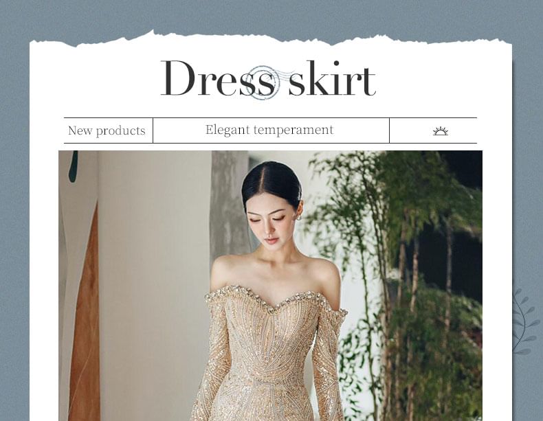 Long-Sleeve Gown Evening Mermaid Sequin Off-Shoulder