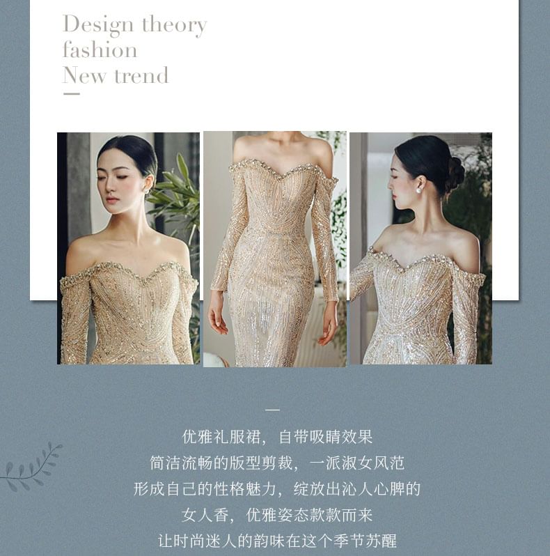 Long-Sleeve Off-Shoulder Sequin Mermaid Evening Gown