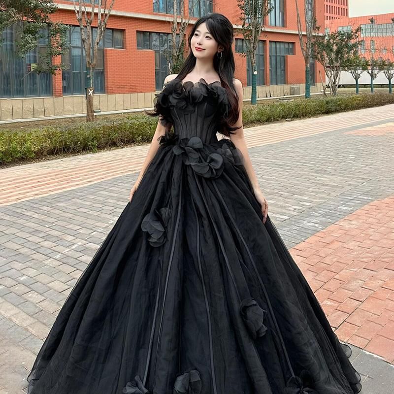 Ball Strapless Floral Gown Plain Accent