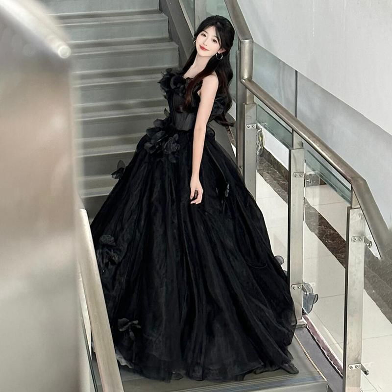 Ball Strapless Floral Gown Plain Accent