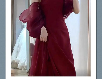 Off-Shoulder Plain Ruched Slit Satin Mermaid Evening Gown