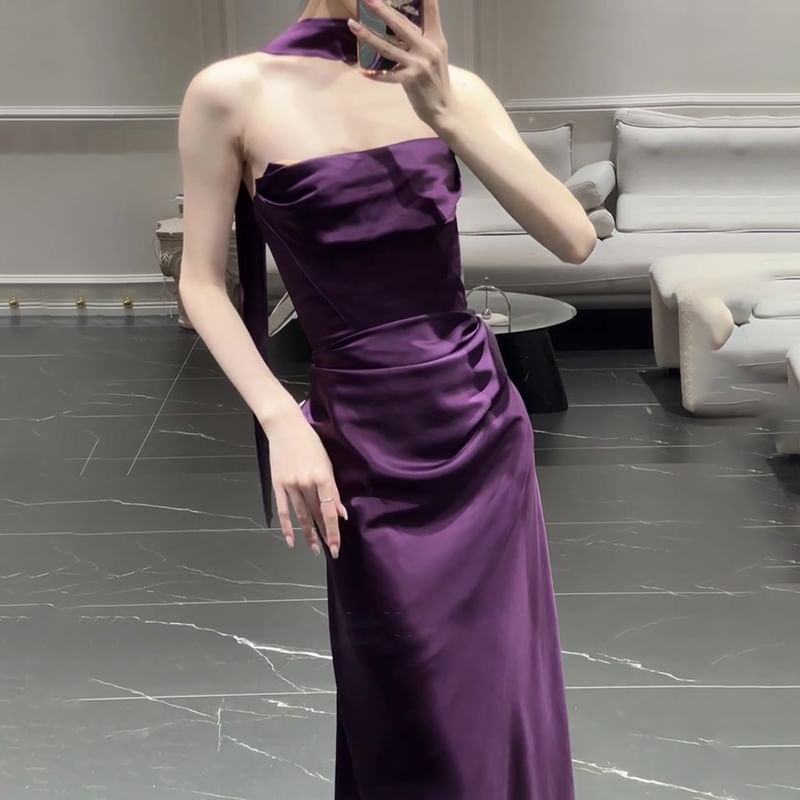 Evening Scarf Strapless Mermaid Set: Ruched Satin + Plain Gown