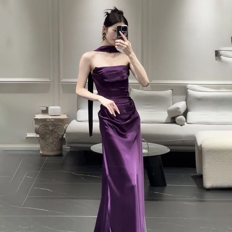 Set: Strapless Plain Ruched Satin Mermaid Evening Gown + Scarf