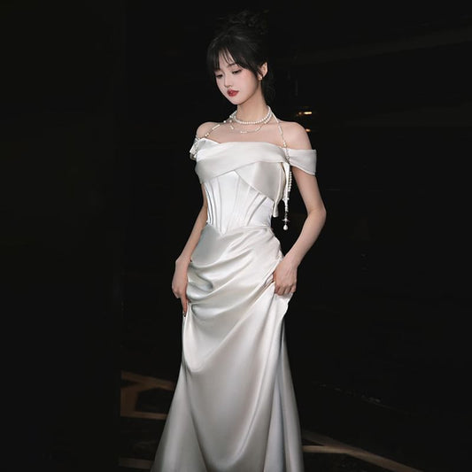 Off-Shoulder Plain Ruched Satin Mermaid Wedding Gown