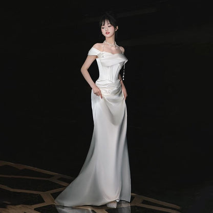 Off-Shoulder Plain Ruched Satin Mermaid Wedding Gown