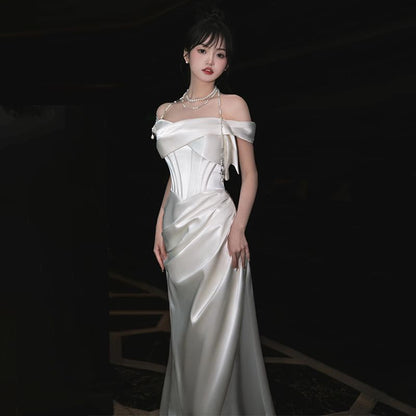 Off-Shoulder Plain Ruched Satin Mermaid Wedding Gown