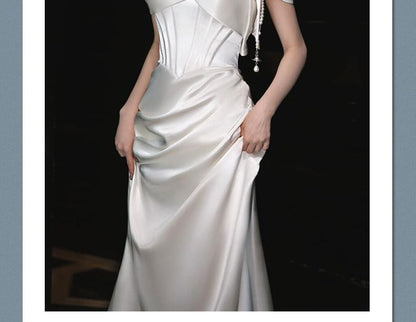 Off-Shoulder Plain Ruched Satin Mermaid Wedding Gown