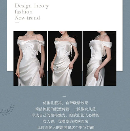 Off-Shoulder Plain Ruched Satin Mermaid Wedding Gown