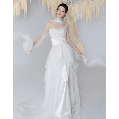 + Wedding Mesh Gown Panel A-Line Plain Strapless Set: Scarf