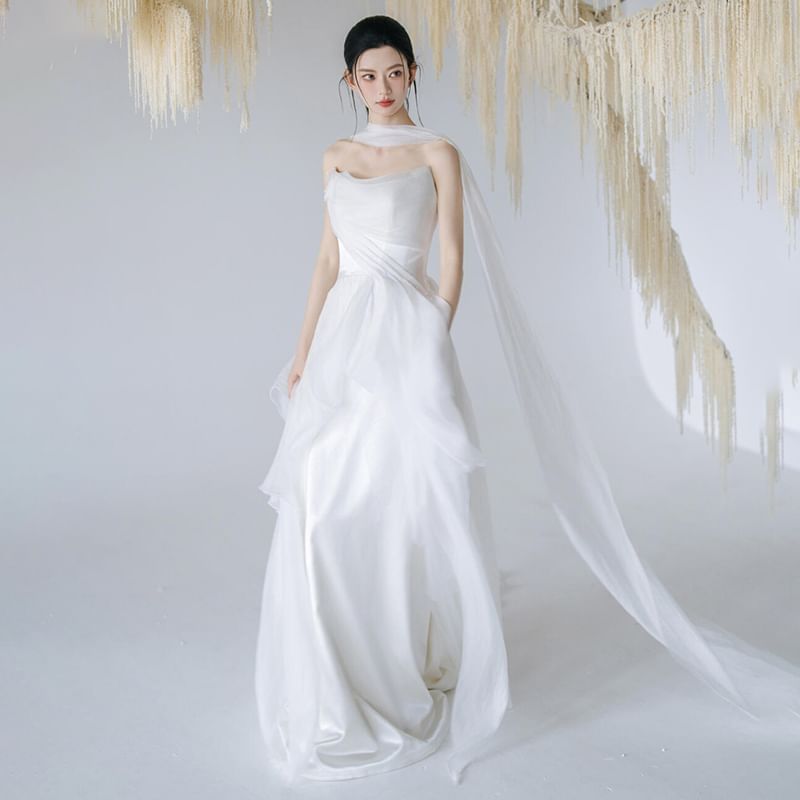 + Wedding Mesh Gown Panel A-Line Plain Strapless Set: Scarf