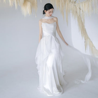 + Wedding Mesh Gown Panel A-Line Plain Strapless Set: Scarf