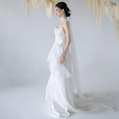 + Wedding Mesh Gown Panel A-Line Plain Strapless Set: Scarf