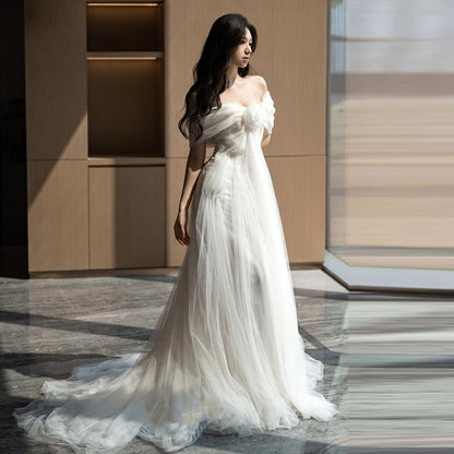 Off-Shoulder Plain Floral Accent Trained Mesh A-Line Wedding Gown