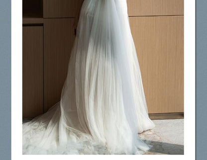 Off-Shoulder Plain Floral Accent Trained Mesh A-Line Wedding Gown
