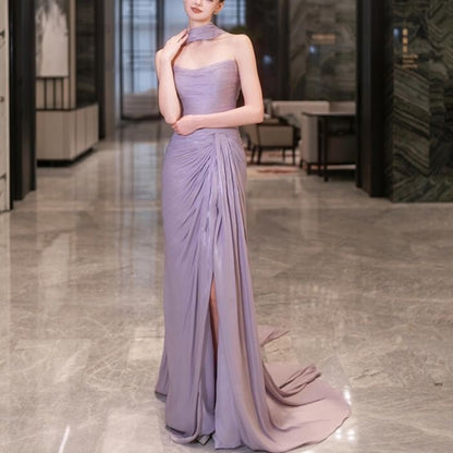Set: Strapless Plain Ruched Slit Mermaid Evening Gown + Scarf