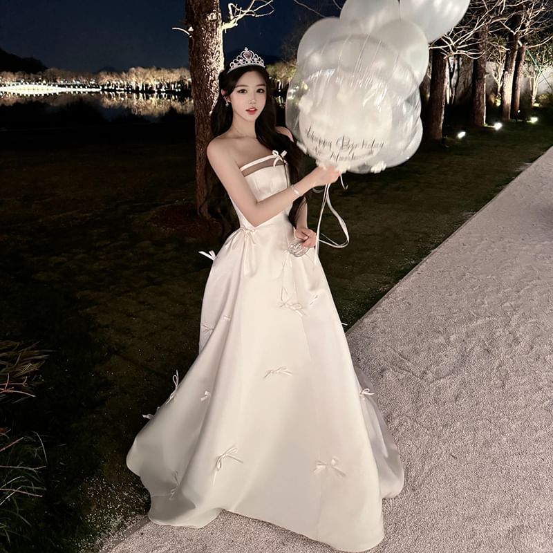 Wedding Accent Strapless Gown Bow Plain Satin A-Line