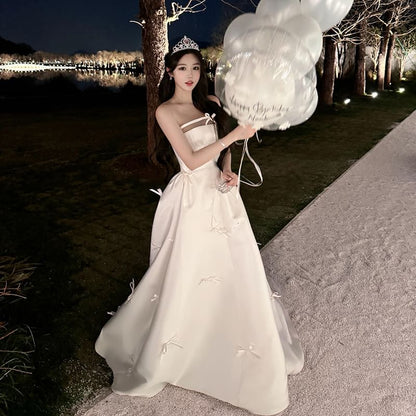 Strapless Plain Bow Accent Satin A-Line Wedding Gown