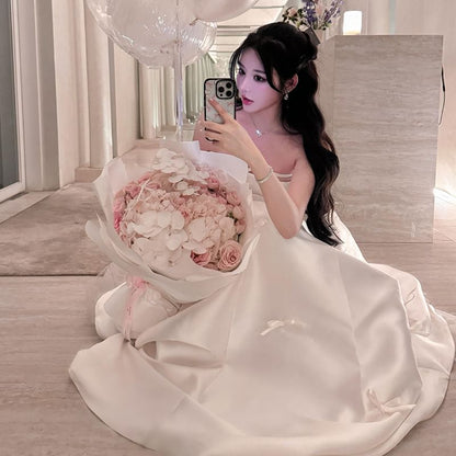 Strapless Plain Bow Accent Satin A-Line Wedding Gown