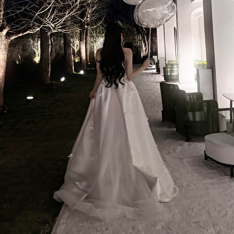 Wedding Accent Strapless Gown Bow Plain Satin A-Line