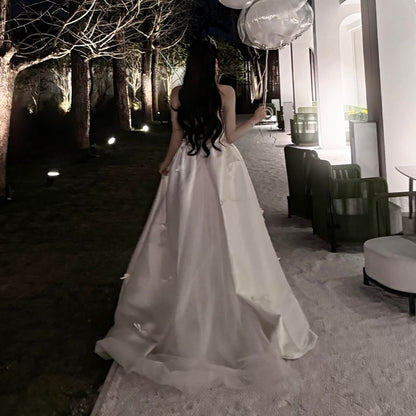 Strapless Plain Bow Accent Satin A-Line Wedding Gown