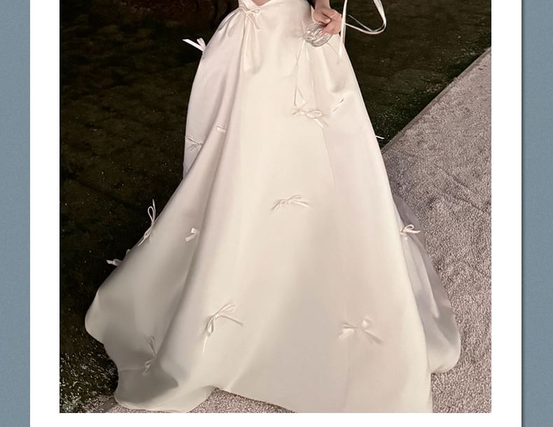 Wedding Accent Strapless Gown Bow Plain Satin A-Line