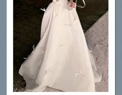Strapless Plain Bow Accent Satin A-Line Wedding Gown