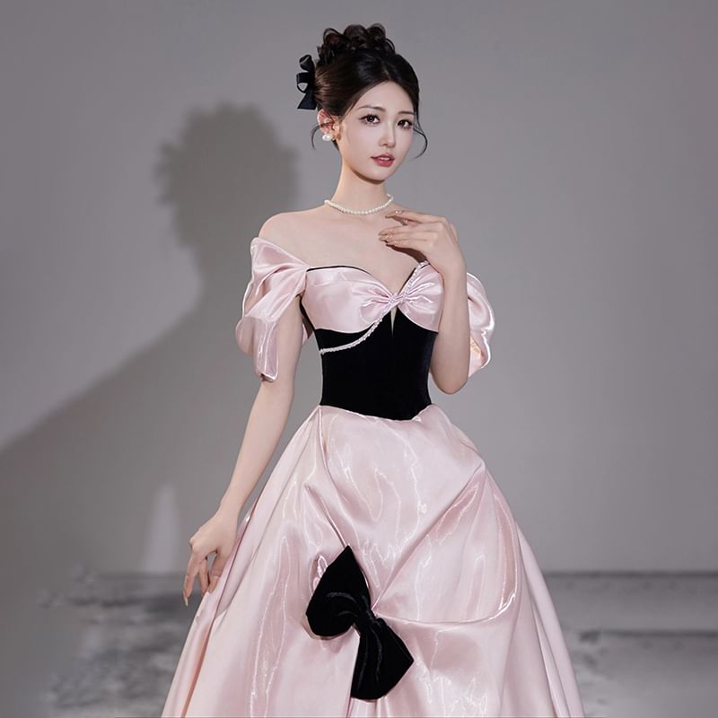 Two Tone Accent Off-Shoulder Ruched Evening A-Line Bow Gown