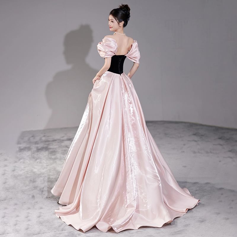 Two Tone Accent Off-Shoulder Ruched Evening A-Line Bow Gown
