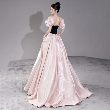 Two Tone Accent Off-Shoulder Ruched Evening A-Line Bow Gown