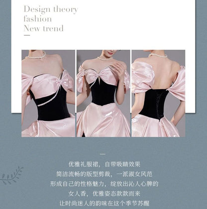 Off-Shoulder Two Tone Bow Accent Ruched A-Line Evening Gown