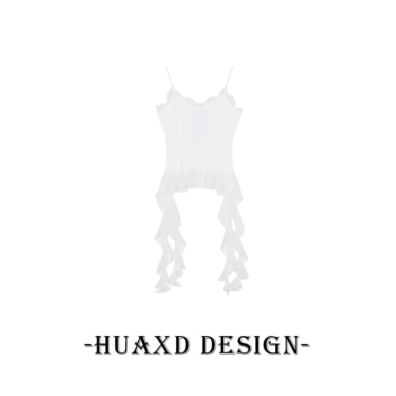 Asymmetric Lace-Trim Knit Cami Crop Top