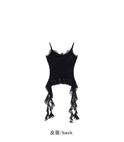 Asymmetric Lace-Trim Knit Cami Crop Top