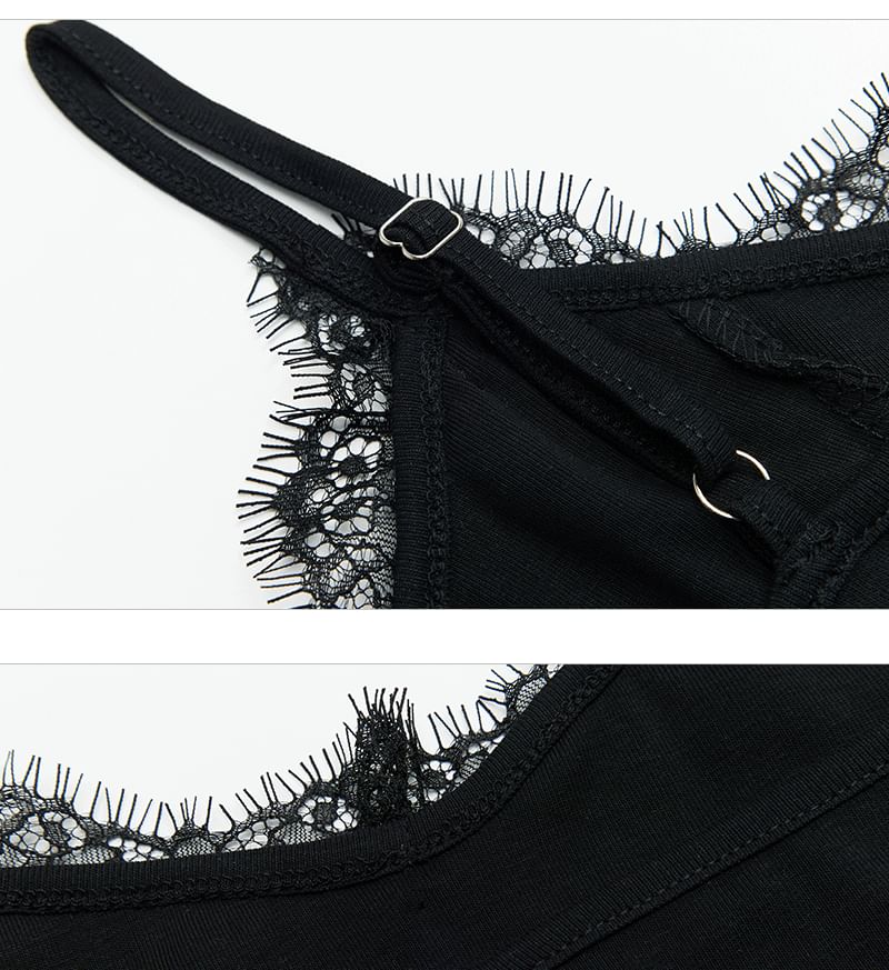 Asymmetric Lace-Trim Knit Cami Crop Top