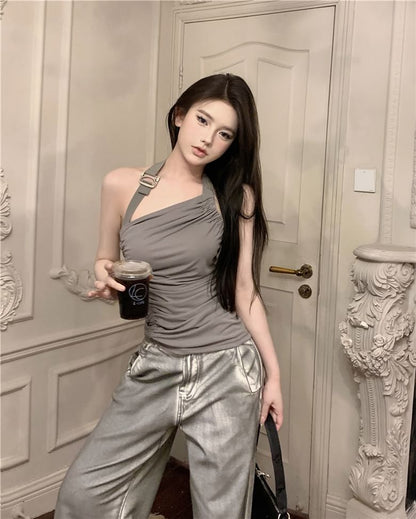 Halter Neck Plain Asymmetrical Buckled Ruched Open Back Top / High Waist Washed Wide Leg Jeans