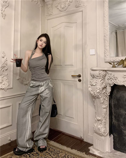 Halter Neck Plain Asymmetrical Buckled Ruched Open Back Top / High Waist Washed Wide Leg Jeans