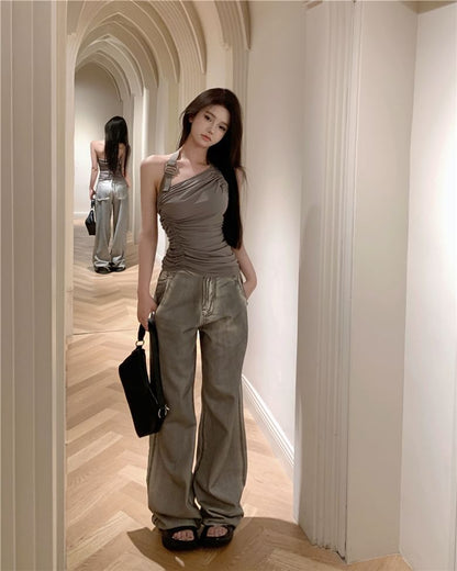 Halter Neck Plain Asymmetrical Buckled Ruched Open Back Top / High Waist Washed Wide Leg Jeans
