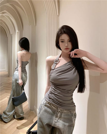 Halter Neck Plain Asymmetrical Buckled Ruched Open Back Top / High Waist Washed Wide Leg Jeans