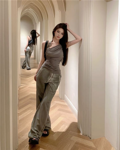 Halter Neck Plain Asymmetrical Buckled Ruched Open Back Top / High Waist Washed Wide Leg Jeans