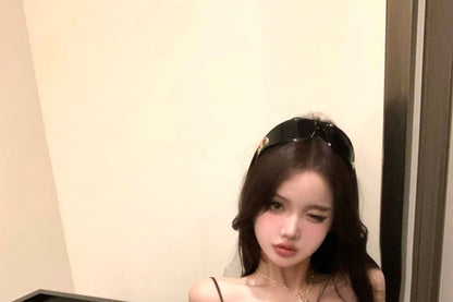 Spaghetti Strap V-Neck Lace Panel Bow Accent Bodysuit Top