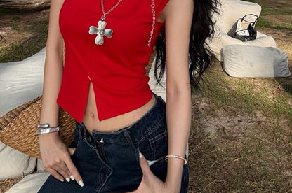 Sleeveless Collared Plain Zipped Slit Slim Fit Crop Top