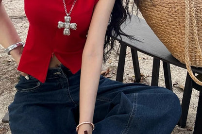 Sleeveless Collared Plain Zipped Slit Slim Fit Crop Top