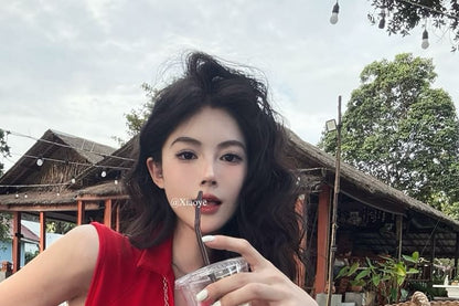 Sleeveless Collared Plain Zipped Slit Slim Fit Crop Top