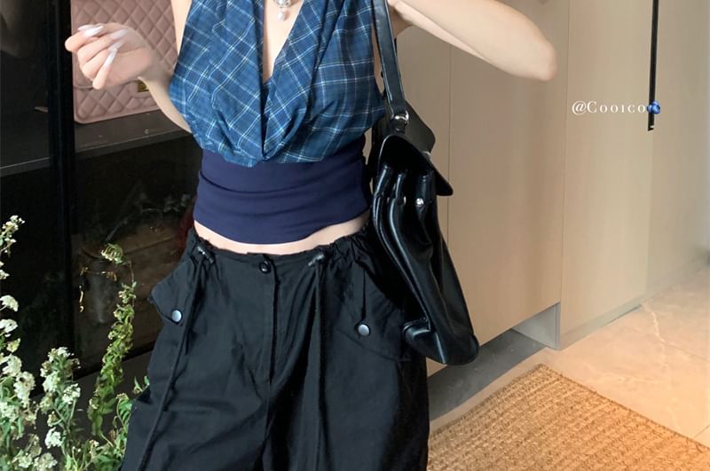 Halter Cowl Neck Plaid Panel Open Back Crop Top