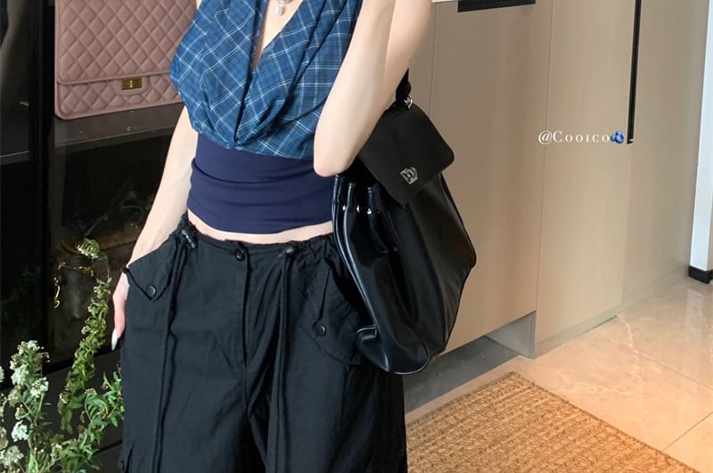 Halter Cowl Neck Plaid Panel Open Back Crop Top