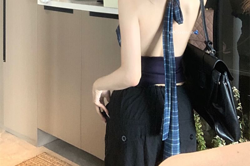 Halter Cowl Neck Plaid Panel Open Back Crop Top