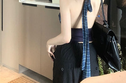 Halter Cowl Neck Plaid Panel Open Back Crop Top