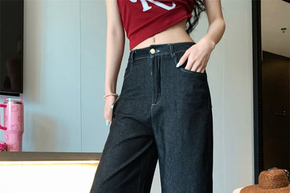 Lettering Print Denim Panel Crop Tube Top / High Rise Wide Leg Jeans / Plain Shawl